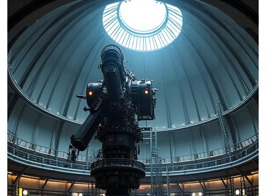Interior shot of a large, optical telescope within a dome, bathed in dim light.