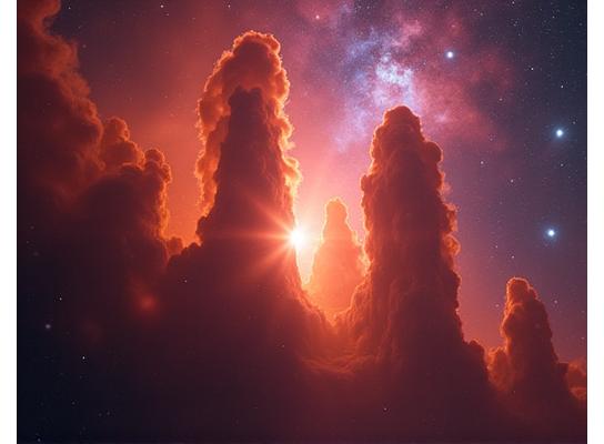 The vibrant Orion Nebula, showcasing star formation regions and cosmic dust pillars.